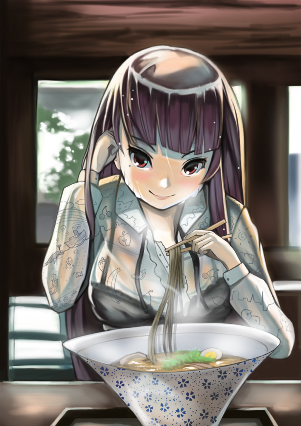 1girl black_bra black_dress black_hair blunt_bangs borrowed_character bowl bra breasts chopsticks comic-z dress eating female_focus food large_breasts long_hair looking_at_viewer madeline_(eric_muentes) madeline_(woof) mole mole_under_eye noodles original red_eyes shirt solo spaghetti_strap underwear wet wet_clothes