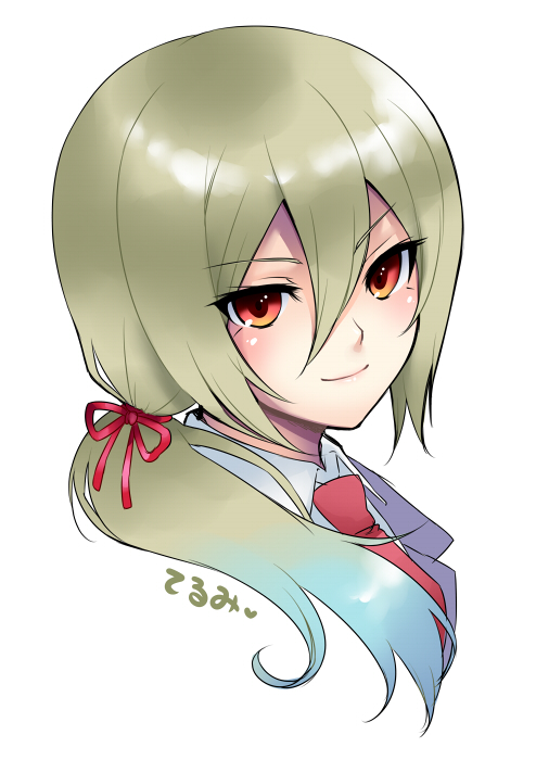 1boy afuro_terumi blue_jacket bridal_gauntlets character_name eyelashes gradient_hair green_hair hair_between_eyes hair_over_shoulder hair_ribbon inazuma_eleven_(series) inazuma_eleven_go jacket long_hair looking_at_viewer multicolored_hair necktie orange_eyes ponytail red_ribbon ribbon school_uniform sidelocks simple_background smile solo tamamani trap tsurime upper_body white_bridal_gauntlets