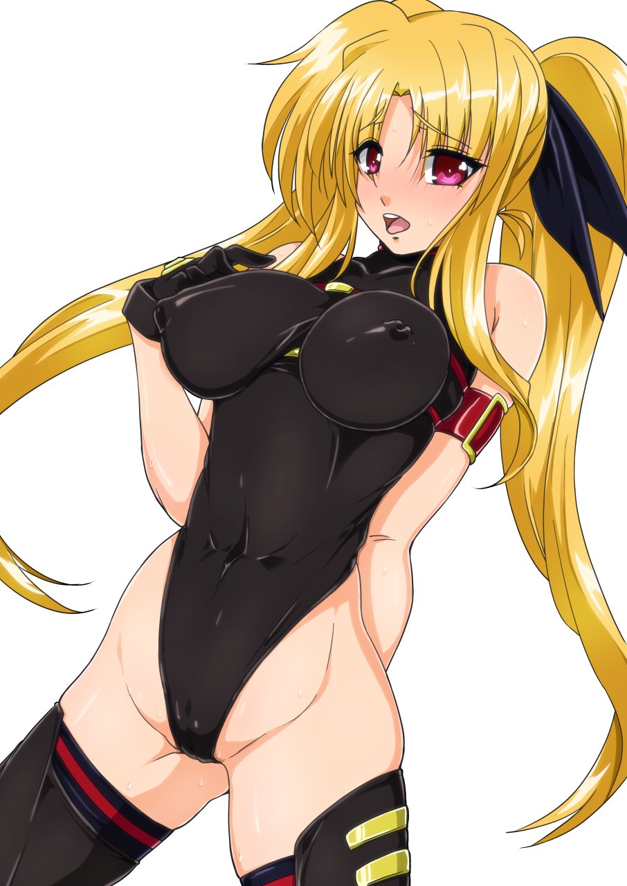 1girl black_gloves black_leotard black_thighhighs blonde_hair breasts cameltoe covered_erect_nipples covered_navel fate_testarossa fate_testarossa_(movie_1st_form) female_focus gloves hair_ribbon highres impossible_clothes impossible_leotard large_breasts leotard long_hair looking_at_viewer lyrical_nanoha magical_girl mahou_shoujo_lyrical_nanoha_strikers open_mouth red_eyes ribbon shiny_clothes shiny_skin simple_background skin_tight solo standing tappa_(esperanza) thighhighs twintails very_long_hair white_background
