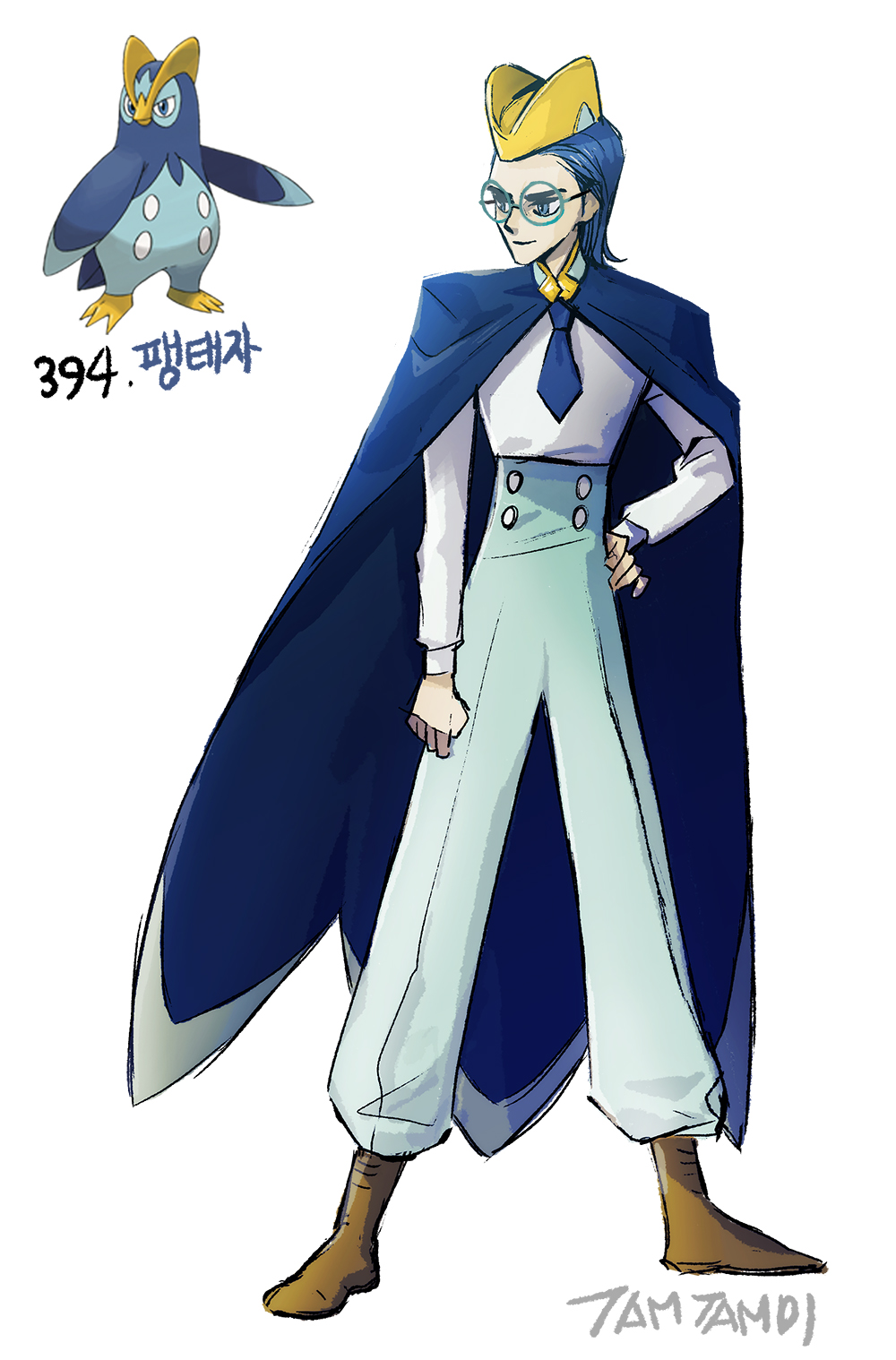 1boy arm_at_side artist_name blue_cape blue_eyes blue_hair blue_necktie brown_footwear cape full_body gen_4_pokemon hand_on_own_hip hat highres korean_commentary male_focus necktie nintendo personification pokemon pokemon_(creature) prinplup reference_inset round_eyewear shirt simple_background tamtamdi translated white_background white_shirt yellow_hat