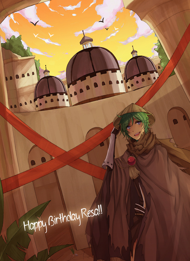 1boy assassin_cross_(ragnarok_online) bird black_gloves black_shirt brown_cloak character_name cloak cloud commentary cowboy_shot dome english_commentary gloves green_hair happy_birthday hat in-universe_location looking_at_viewer male_focus middle_eastern_architecture open_mouth orange_sky outdoors purple_eyes ragnarok_online rice_hat rinslette shirt short_hair sky smile solo