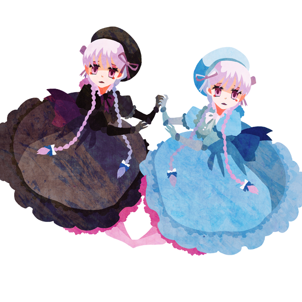 10s 2girls alice_(fate) bad_id bad_pixiv_id braid dress fate/extra fate_(series) hat kuroihato long_hair multiple_girls nursery_rhyme_(fate) nursery_rhyme_(fate/grand_order) purple_eyes twin_braids white_hair