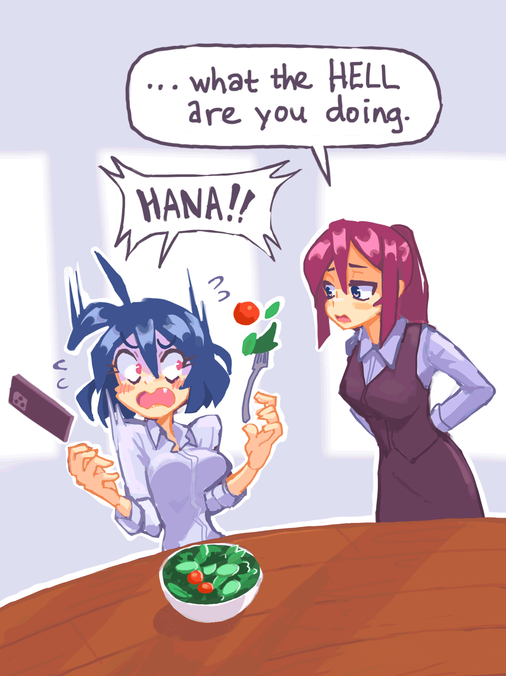 2girls ahoge blue_hair bowl breasts cellphone collared_shirt english_text fang food fork grey_shirt hana_(hcnone) hcnone highres large_breasts long_sleeves looking_at_another multiple_girls office_lady open_mouth original phone pink_eyes pink_hair ponytail purple_eyes salad shirt short_hair short_ponytail skye_(hcnone) smartphone speech_bubble