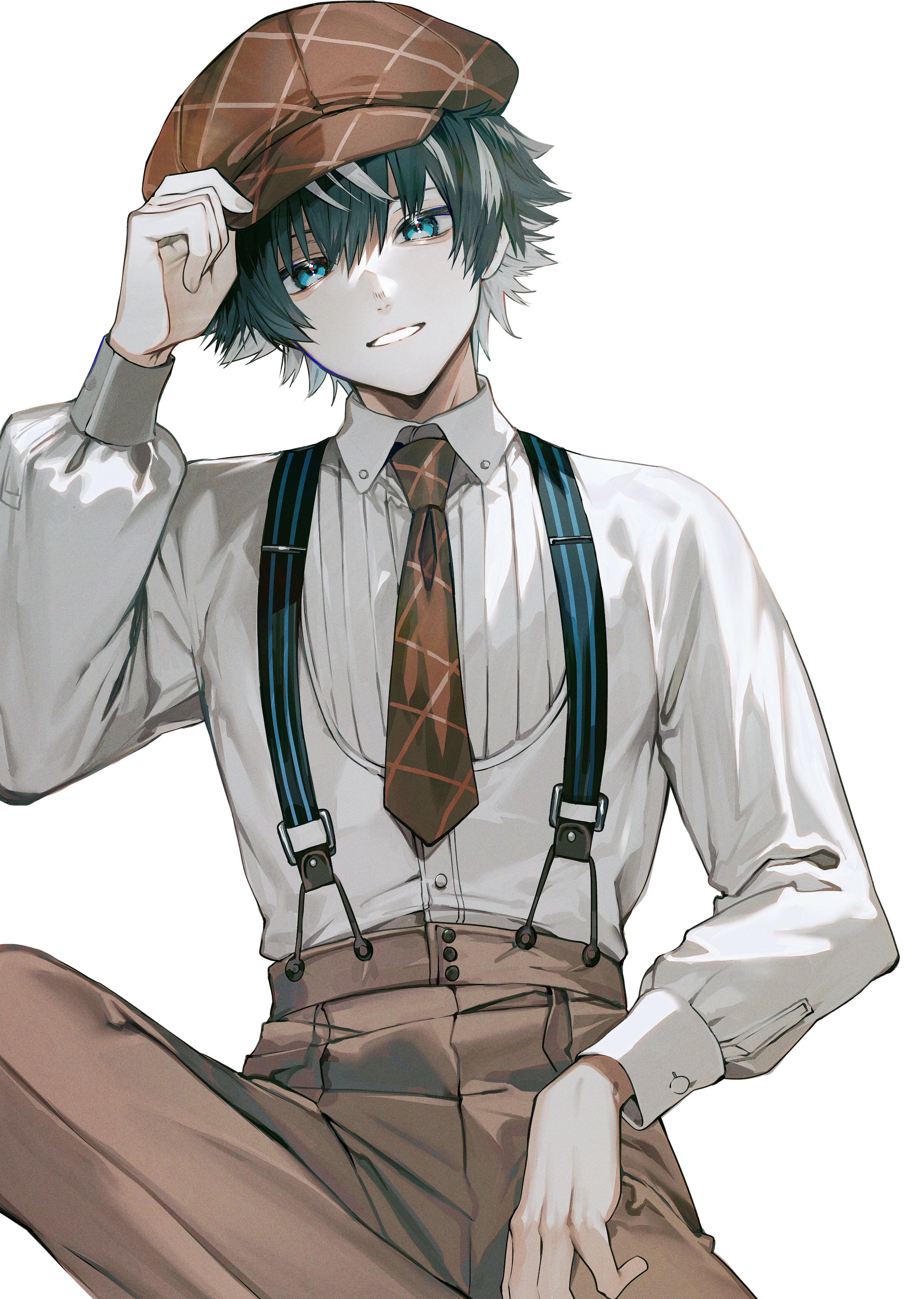 1boy absurdres albino_(a1b1n0623) black_hair blue_eyes brown_necktie brown_pants cabbie_hat charlemagne_(disguise_costume)_(fate) charlemagne_(fate) fate/grand_order fate_(series) hat highres male_focus multicolored_hair necktie pants shirt suspenders two-tone_hair white_background white_hair white_shirt
