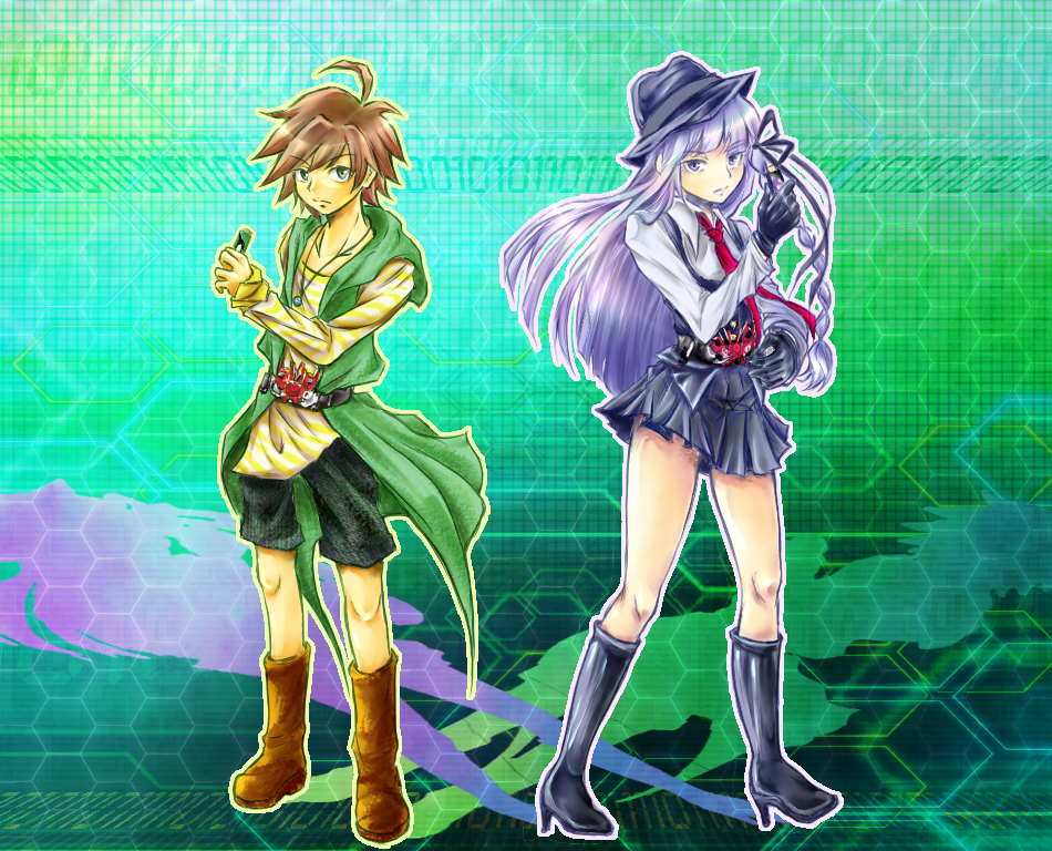 1boy 1girl brown_hair cosplay crossover danganronpa:_trigger_happy_havoc danganronpa_(series) fedora gaia_memory hat henshin henshin_pose hidari_shoutarou hidari_shoutarou_(cosplay) hood hooded_jacket ichima jacket kamen_rider kamen_rider_double kamen_rider_double_(cosplay) kamen_rider_w kirigiri_kyoko mt.somo naegi_makoto parody philip philip_(cosplay) philip_(kamen_rider) philip_(kamen_rider)_(cosplay) purple_hair