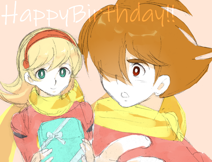 1boy 1girl blonde_hair brown_hair coat couple cyborg cyborg_009 francoise_arnoul gift green_eyes hair_over_one_eye hairband happy_birthday holding holding_gift light_smile long_hair looking_at_another red_coat red_hairband scarf shimamura_joe tokemutsu yellow_scarf