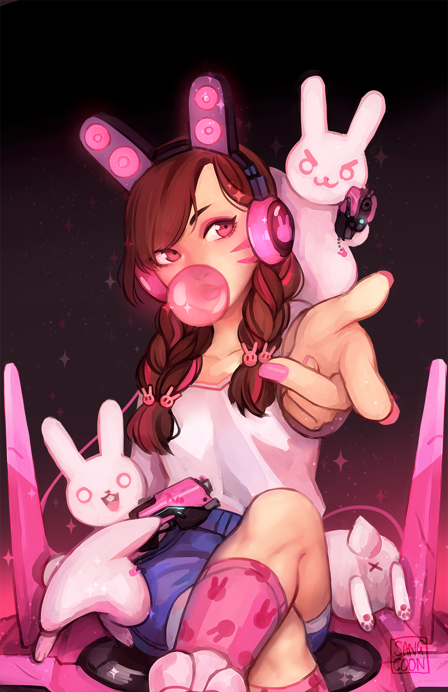 &gt;:d 1girl :d alternate_costume alternate_hairstyle animal animal_ear_headphones animal_ears animal_print artist_name black_background blowing_bubbles blue_shorts boots braid brown_hair chewing_gum collarbone d.va_(overwatch) facial_mark fake_animal_ears female_focus foreshortening gun hair_ornament headphones highres holding holding_gun holding_weapon knee_boots kneehighs long_hair mecha meka_(overwatch) nail_polish open_mouth outstretched_arm overwatch overwatch_1 pink_nails pink_socks pointing pointing_at_viewer rabbit rabbit_ear_headphones rabbit_ears rabbit_hair_ornament rabbit_print red_eyes robot sangcoon shirt shorts simple_background sitting sleeveless smile socks solo speaker swept_bangs tank_top transparent twin_braids v-shaped_eyebrows weapon whisker_markings white_boots white_shirt