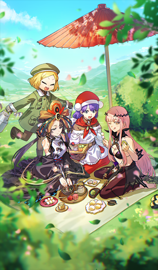 4girls :d ;q animal apron arm_tattoo bare_shoulders barefoot belt beret bikini black_belt black_bikini black_boots blonde_hair blue_brooch blue_eyes blue_sky bob_cut boots breasts brooch brown_eyes brown_gloves brown_hair brown_shirt buttons chasen cleavage closed_eyes closed_mouth cloud cnoc_na_riabh_(fate) cnoc_na_riabh_(swimsuit_foreigner)_(fate) coat commentary_request cow cup dango day dress dumpling eating fate/grand_order fate_(series) food food_request fumiko_(throughx2) fur-trimmed_headwear fur_trim gloves green_coat green_hat halterneck hat headpiece holding holding_milk_churn holding_tray holding_whisk holly iyo_(fate) jewelry long_hair long_sidelocks looking_down low-tied_long_hair martha_(fate) martha_(santa)_(fate) medb_(fate) milk_churn multiple_girls nature navel official_art oil-paper_umbrella one_eye_closed open_mouth outdoors pants parted_bangs paul_bunyan_(fate) picnic pink_hair plate purple_hair red_hat red_pants red_skirt red_umbrella santa_hat saucer shirt short_hair shoulder_tattoo sidelocks sitting skirt sky smile sunlight swimsuit tattoo tea teacup teapot third-party_source tongue tongue_out tray twintails umbrella very_long_hair wagashi wariza whisk white_apron white_dress wide_sleeves wind yellow_eyes