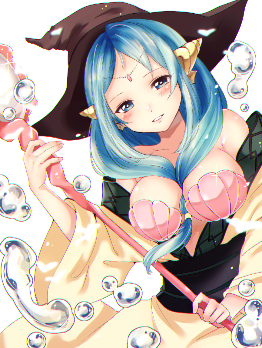 1girl bare_shoulders between_breasts bikini black_hat blue_eyes blue_hair blush breasts female_focus hair_between_breasts haru_(nakajou-28) hat holding holding_staff large_breasts light_smile long_hair looking_at_viewer magi_the_labyrinth_of_magic seashell shell shell_bikini simple_background solo staff white_background wide_sleeves witch_hat yamuraiha