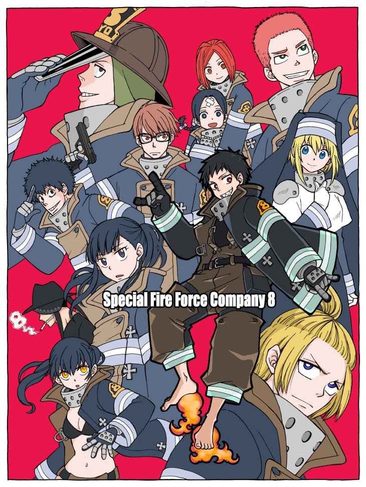 akitaru_oubi arthur_boyle bags_under_eyes bandaid bandaid_on_face bandaid_on_forehead black_eyes black_hair blonde_hair blue_eyes breasts cigarette cleavage en&#039;en_no_shouboutai english_text fire firefighter glasses gloves green_eyes gun handgun iris_(enen_no_shouboutai) joker_(en&#039;en_no_shouboutai) lisa_isaribi maki_oze medium_breasts multiple_boys multiple_girls nun pistol ponytail red_background red_eyes red_hair sharp_teeth shaved_head shinra_kusakabe short_hair simple_background smile smoke takehisa_hinawa tamaki_kotatsu teeth text_focus tokoswrb88 twintails viktor_licht vulcan_joseph weapon yellow_eyes
