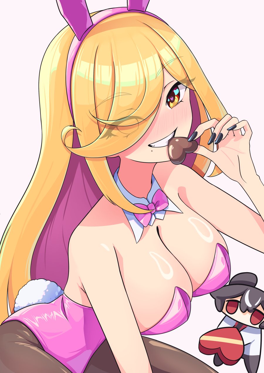 1boy 1girl animal_ear_hairband animal_ears bare_arms bare_shoulders black_hair black_nails black_necktie black_pants black_pantyhose blonde_hair blush bow bowtie box breasts candy chibi chocolate chocolate_heart collar commentary detached_collar eating english_commentary eyelashes eyes_visible_through_hair fake_animal_ears fake_tail food grin hair_between_eyes hair_over_one_eye hairband heart heart-shaped_box heart-shaped_food heart_in_eye highres holding holding_box holding_chocolate holding_food jacket large_breasts leotard long_hair long_sleeves looking_at_another looking_at_viewer low_neckline mole mole_under_mouth mouse_ears multicolored_hair nail_polish necktie no_mouth original palms pankeiki pants pantyhose pink_background pink_bow pink_bowtie pink_hairband pink_leotard playboy_bunny rabbit_ear_hairband rabbit_ears rabbit_tail red_eyes red_shirt shirt simple_background single_sidelock sitting smile solo_focus strapless strapless_leotard streaked_hair swept_bangs symbol_in_eye tail traditional_bowtie valentine very_long_hair white_collar white_hair white_jacket yellow_eyes