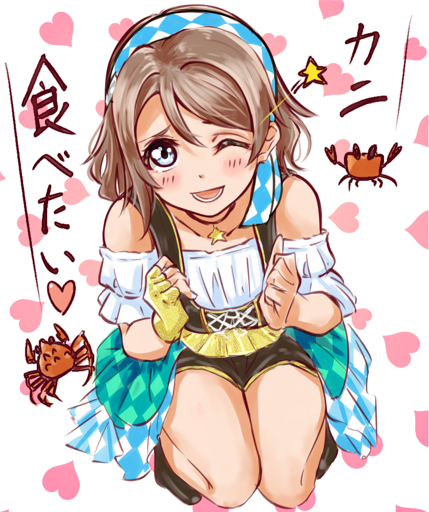 1girl bandana bare_shoulders blue_eyes blush boots brown_hair crab cyaron!_(love_live!) love_live! love_live!_sunshine!! pirate_costume shoes short_hair skt_(ryxxxxx) smile thighs watanabe_you
