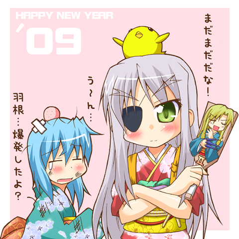 00s 2girls animal animal_on_head bird blush cameo chicken cinque_(nanoha) crossed_arms crossed_bandaids due_(nanoha) eyebrows injury long_sleeves looking_at_viewer lowres lyrical_nanoha mahou_shoujo_lyrical_nanoha mahou_shoujo_lyrical_nanoha_strikers multiple_girls numbers_(nanoha) on_head paddle sein_(nanoha) silver_hair tsukishima_makoto