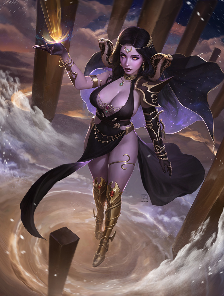 1girl armor armored_boots black_dress black_hair boots breasts clayscence cleavage colored_extremities colored_skin dress earrings facial_mark gold_boots gold_earrings indie_virtual_youtuber jewelry large_breasts lips long_hair pauldrons pelvic_curtain purple_skin realistic shoulder_armor single_pauldron snake solo veil vexoria_the_sun_eater vexoria_the_sun_eater_(vexoria_2.0) virtual_youtuber yellow_eyes