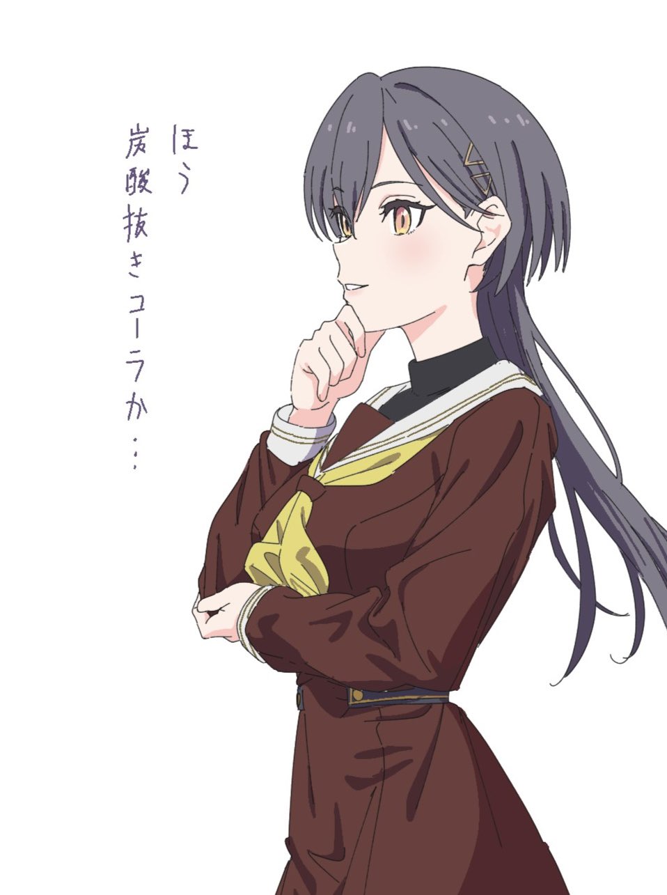 1girl brown_dress buttons commentary cowboy_shot double-breasted dress fujimiz grey_hair grin hair_ornament hand_on_own_chin hand_on_own_elbow hasu_no_sora_school_uniform highres katsuragi_izumi link!_like!_love_live! long_hair long_sleeves love_live! neckerchief orange_eyes pleated_dress sailor_collar sailor_dress school_uniform simple_background slit_pupils smile solo stroking_own_chin translation_request triangle_hair_ornament virtual_youtuber white_background white_sailor_collar winter_uniform wolf_cut yellow_neckerchief