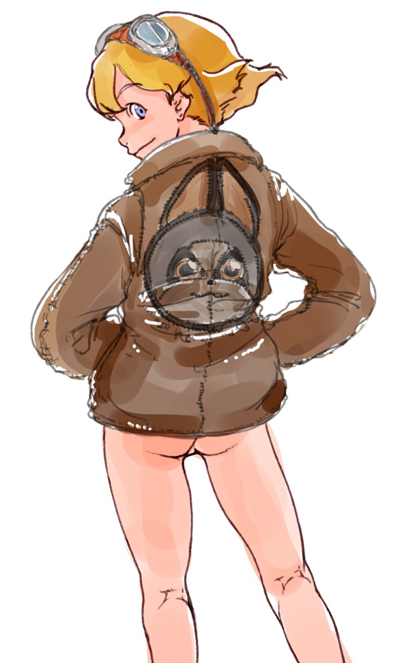 1girl ass blonde_hair blue_eyes bottomless daisougen_no_chiisana_tenshi_bush_baby female_focus from_behind goggles goggles_on_head highres jacket jacqueline_rhodes leather leather_jacket looking_back riarutoruchokku short_hair smile solo world_masterpiece_theater