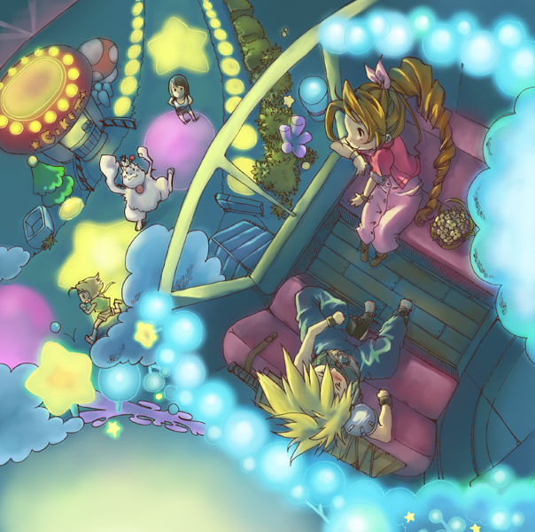aerith_gainsborough armor baggy_pants blonde_hair blue_pants blush braid braided_ponytail brown_hair cait_sith_(final_fantasy) christmas_tree cloud_strife dress final_fantasy final_fantasy_vii flower_basket gold_saucer gondola hair_between_eyes hair_ribbon jacket kiosk leaning_to_the_side long_hair moogle multiple_girls neon_lights pants pink_dress pink_ribbon puffy_short_sleeves puffy_sleeves red_jacket ribbon short_sleeves shoulder_armor sitting spiked_hair square_enix tifa_lockhart umeda_yoshio window wooden_floor yuffie_kisaragi