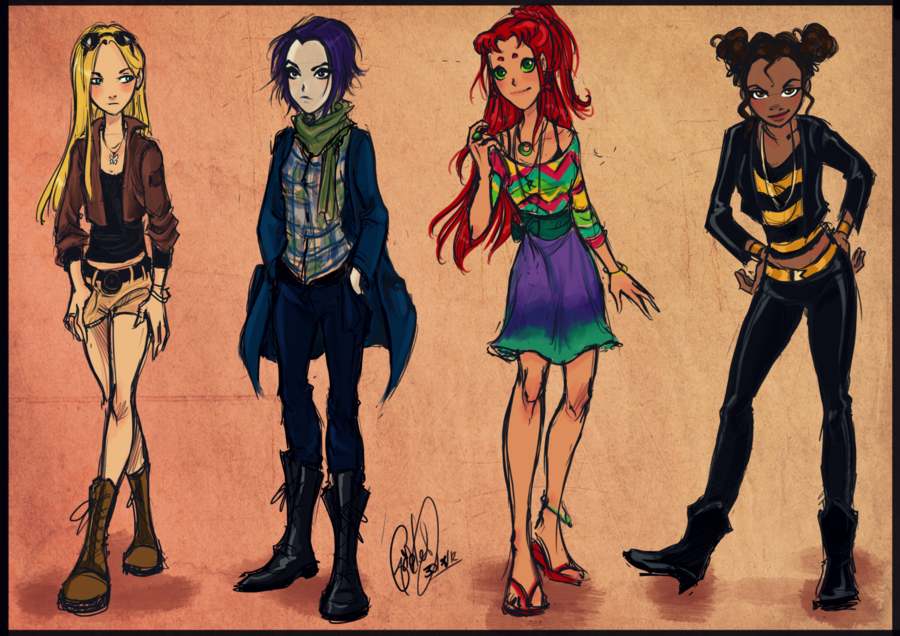 4girls alien alternate_costume anklet belt black_hair blonde_hair blue_eyes boots border brown_eyes bumble_bee colored_skin dark-skinned_female dark_skin dc_comics double_bun gradient_background green_eyes grey_skin hair_bun hands_in_pockets hands_on_own_hips jacket jewelry karen_beecher long_hair multiple_girls necklace orange_skin plaid_clothes plaid_shirt purple_hair raven_(dc) sandals scarf shirt short_hair shorts skirt starfire striped_clothes striped_shirt teen_titans terra_(dc)