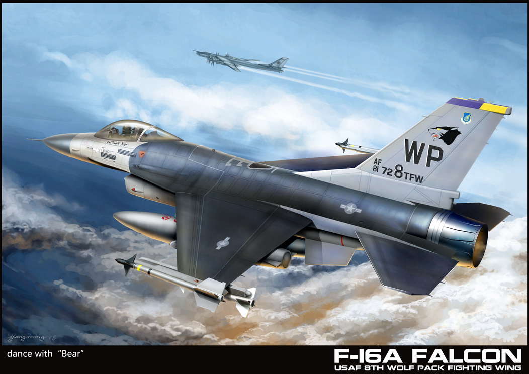 aircraft airplane bomb bomber cloud cockpit contrail day explosive f-16 f-16_fighting_falcon fighter_jet flying from_behind military military_vehicle original pilot propeller rocket sky tu-95 vehicle_focus yangmo