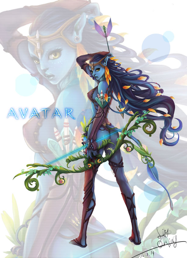 1girl arrow_(projectile) ass avatar_(2009_movie) blue_skin bow_(weapon) colored_skin james_cameron&#039;s_avatar lilimo long_hair pointy_ears weapon yellow_eyes zoom_layer
