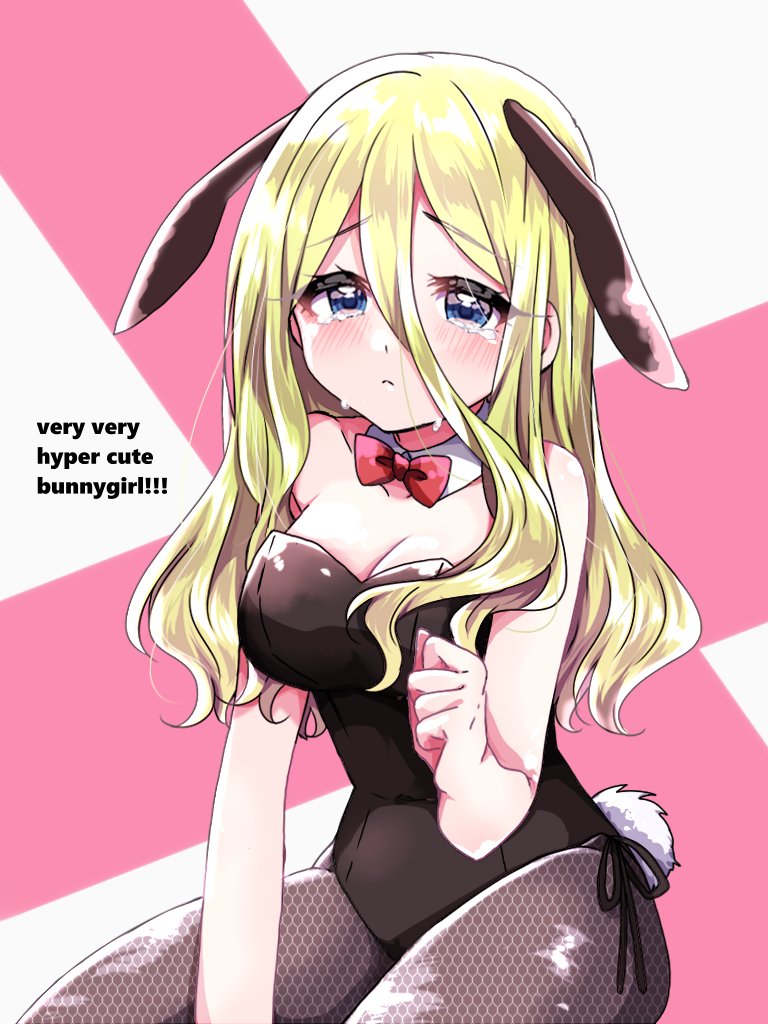 1girl :&lt; animal_ears between_legs black_leotard black_ribbon blonde_hair blue_eyes blush bow bowtie breasts cleavage clenched_hand closed_mouth collar covered_navel cowboy_shot crying crying_with_eyes_open detached_collar english_text fake_animal_ears fake_tail fishnet_pantyhose fishnets hair_between_eyes hair_down hand_between_legs hand_up kimi_no_koto_ga_dai_dai_dai_dai_daisuki_na_100-nin_no_kanojo large_breasts leotard long_hair long_hair_between_eyes looking_at_viewer official_alternate_costume pantyhose pink_background playboy_bunny rabbit_ears rabbit_tail raised_eyebrows red_bow red_bowtie ribbon sad scene_reference sitting solo strapless strapless_leotard tail tears traditional_bowtie wavy_hair white_background white_collar yamato_nadeshiko_(hyakkano) yumenobetsu