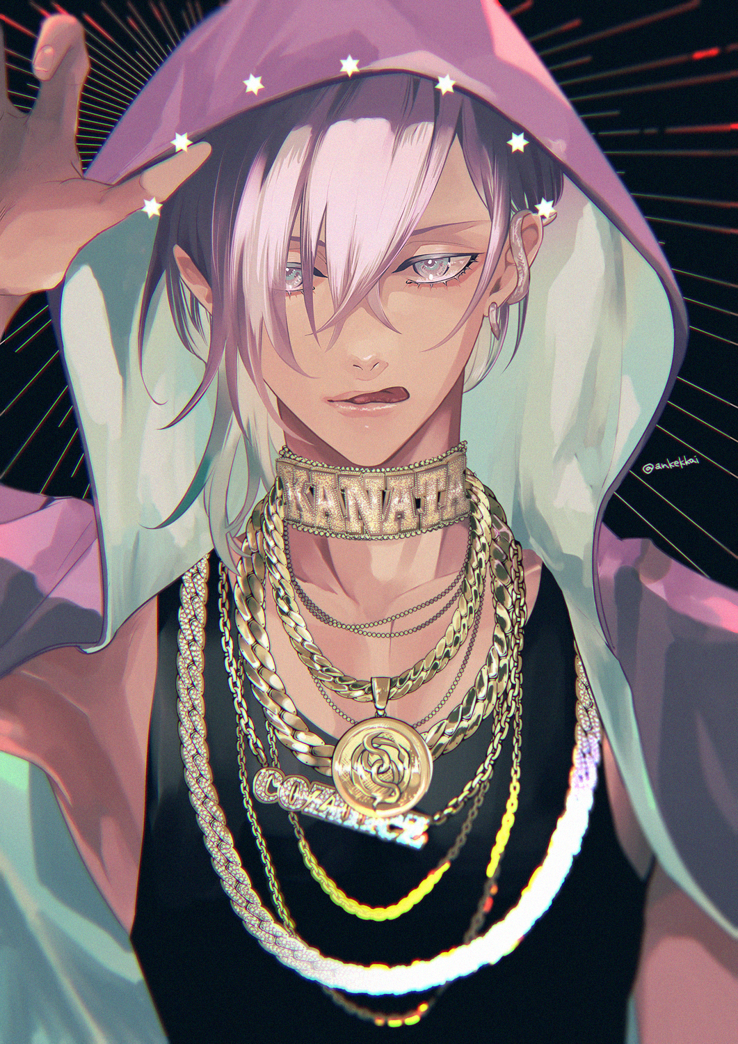 1boy :q ankekkai arm_up black_background black_tank_top chain chain_necklace collar earrings eyelashes gold_chain hair_between_eyes hair_over_one_eye hand_up highres hood hood_up hooded_jacket jacket jewelry licking_lips looking_at_viewer male_focus multicolored_hair necklace open_clothes open_jacket paradox_live phantometal_(paradox_live) purple_eyes purple_hair purple_jacket short_hair snake_earrings solo star_(symbol) tank_top tongue tongue_out twitter_username upper_body yatonokami_kanata
