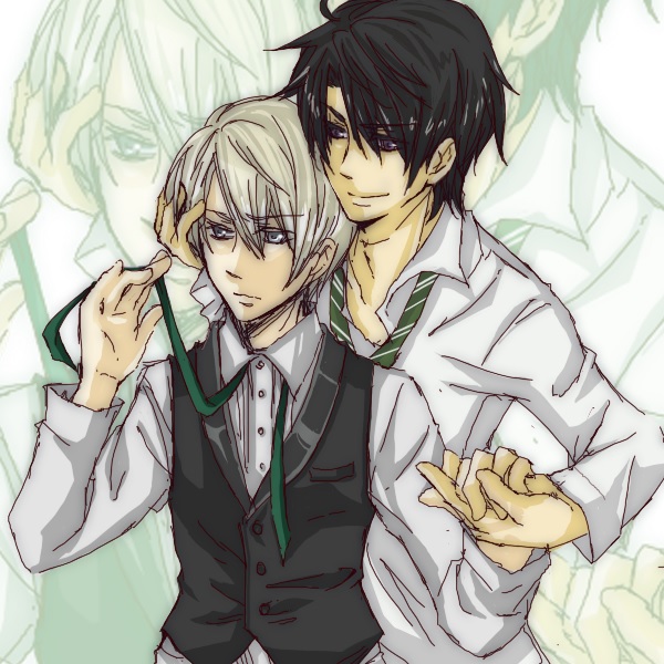2boys black_hair blonde_hair collar eyebrows eyebrows_hidden_by_hair green_necktie hand_on_another&#039;s_head harry_potter_(series) height_difference holding_hands lucius_malfoy male_focus multiple_boys necktie school_uniform shirt short_hair striped_necktie striped_neckwear tom_marvolo_riddle vest white_shirt wing_collar wizarding_world yaoi