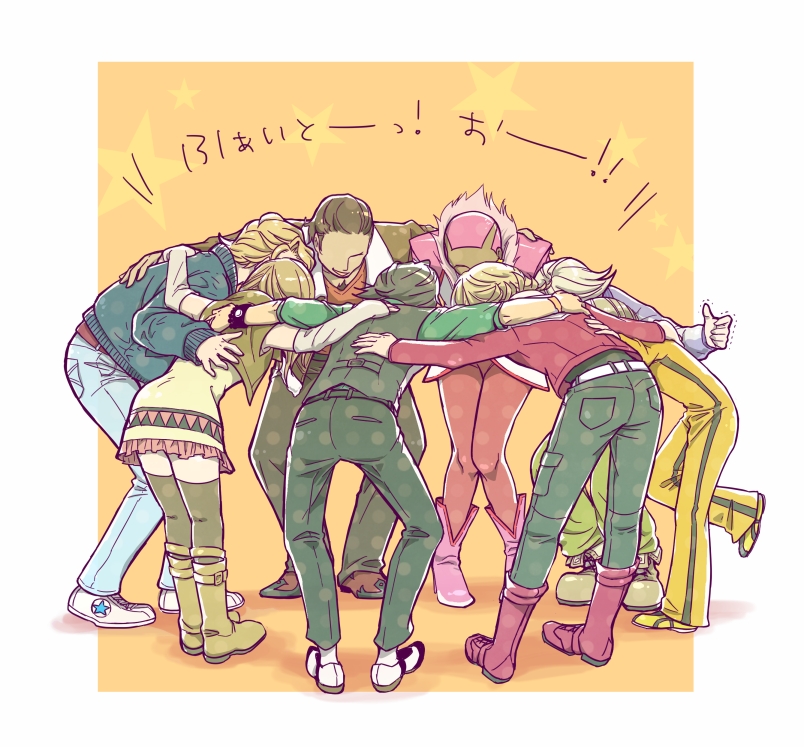 2girls 5boys antonio_lopez barnaby_brooks_jr. belt bending blonde_hair blue_jacket boots brown_hair brown_jacket dragon_kid dress everyone fur-trimmed_collar fur_trim green_pants green_shirt green_vest ivan_karelin jacket jumpsuit kaburagi_t._kotetsu karina_lyle keith_goodman knees_together_feet_apart long_hair medium_hair multiple_boys multiple_girls nathan_seymour onshitsu_mikan orange_shirt pants pantyhose pink_boots pink_hair pink_pantyhose purple_jacket red_footwear red_jacket shirt shoes short_hair star_(symbol) tiger_&amp;_bunny very_short_hair vest watch white_belt white_footwear wristwatch yellow_dress yellow_jumpsuit