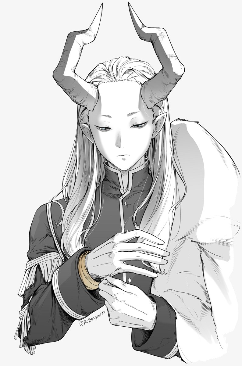 1boy 3: adjusting_clothes adjusting_gloves carrot_(robosquat) curved_horns demon_boy demon_horns forehead fringe_trim gloves grey_background half-closed_eyes highres horns long_hair long_sleeves macht_(sousou_no_frieren) male_focus monochrome pointy_ears signature solo sousou_no_frieren spot_color twitter_username