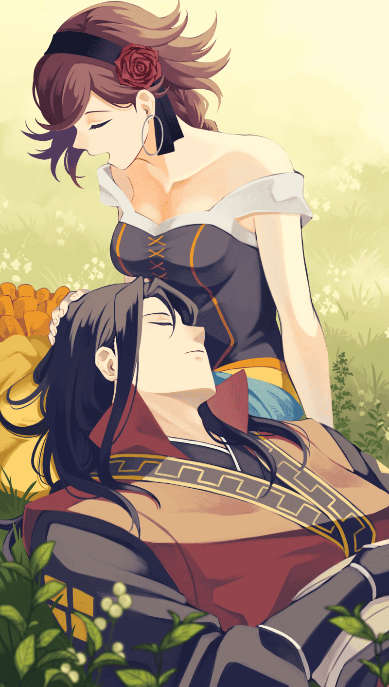 1boy 1girl agnea_bristarni armor black_dress black_hair black_hairband black_shirt braid brown_hair closed_eyes closed_mouth collared_shirt cowboy_shot day dress earrings flower grass hair_flower hair_ornament hairband highres hikari_ku hoop_earrings japanese_armor japanese_clothes jewelry kote lap_pillow long_hair long_sleeves lying octopath_traveler octopath_traveler_ii on_back open_mouth osgt_pic outdoors profile red_shirt shirt single_braid sitting smile