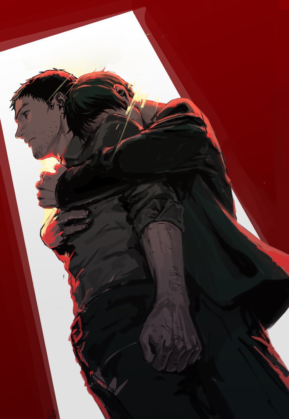 2boys adachi_tooru arms_up beard_stubble black_eyes black_hair black_jacket black_pants clenched_hand covering_face doorway doujima_ryoutarou facial_hair grey_shirt hand_on_another&#039;s_chest highres hug hug_from_behind jacket light_rays looking_to_the_side morrisuit multiple_boys pants persona persona_4 red_background shirt stubble yaoi