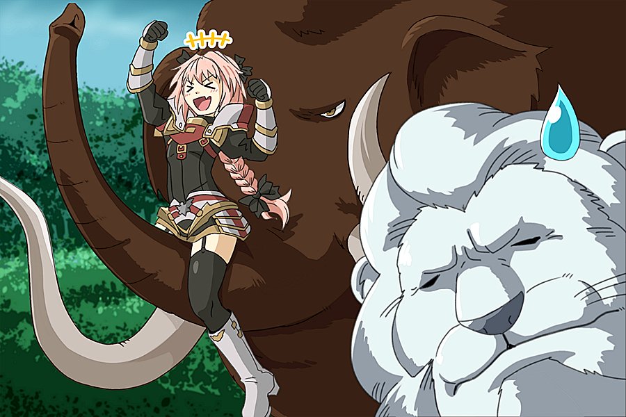 &gt;_&lt; 1girl 2boys animal armor astolfo_(fate) beast_wars beast_wars_neo big_convoy blue_sky braid character_request crossover day fate_(series) forest hair_intakes kamizono_(spookyhouse) lion long_hair mammoth maximal multiple_boys nature open_mouth outdoors parody personification plant ribbon sitting sky smile style_parody thighhighs transformers tree tusks