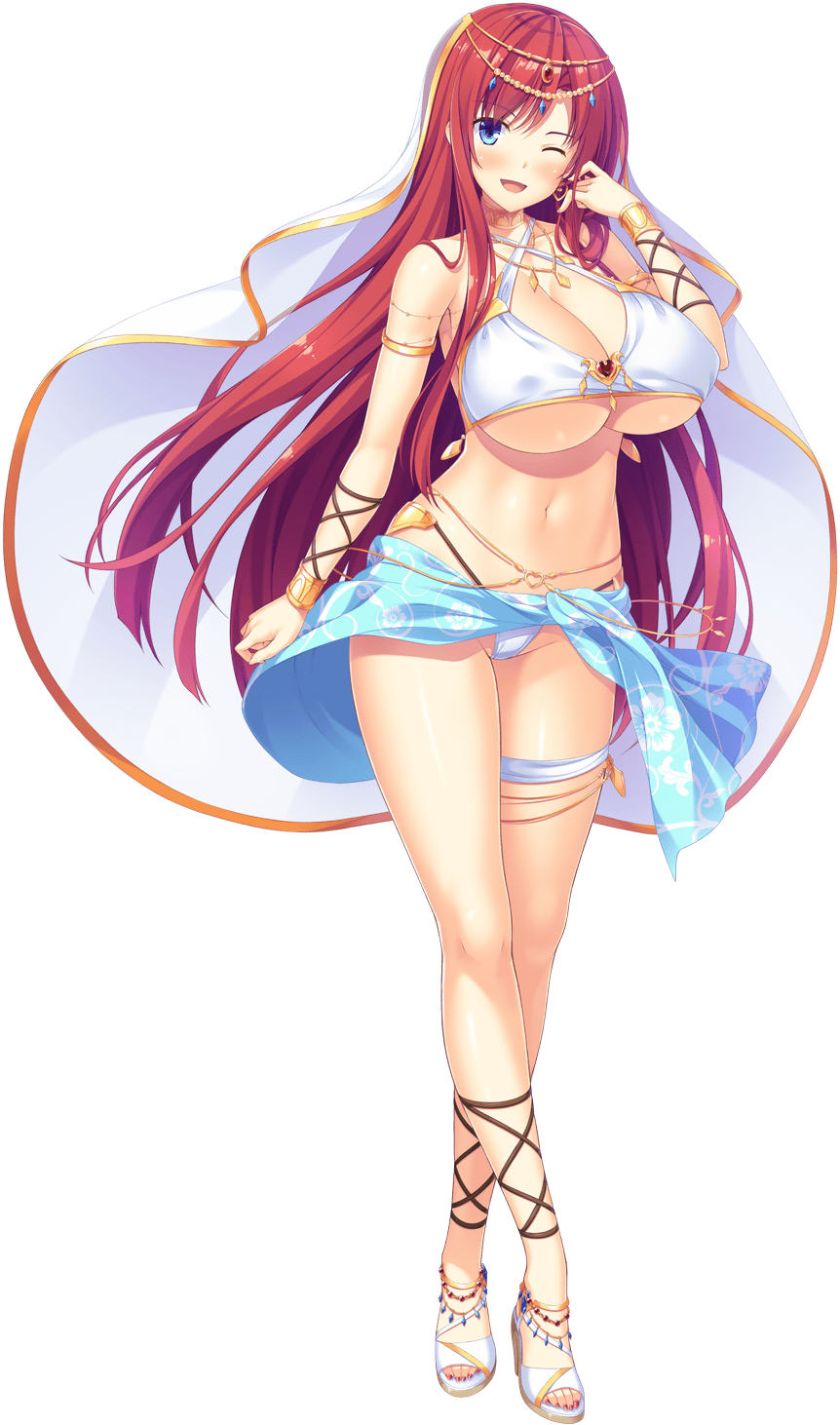 1girl :d anklet arabian_clothes arm_at_side arm_up belly_chain belly_dancing bikini blue_eyes blue_skirt blush bracelet bracer breasts cleavage covered_erect_nipples dancer dancing elda_heiritte game_cg high_heel_sandals highres hinata_nao jewelry large_breasts long_hair looking_at_viewer nail_polish navel non-web_source official_art one_eye_closed open_mouth red_hair revealing_clothes sandals sex_open_world_e_youkoso! sidelocks skirt smile solo swimsuit thigh_strap veil white_bikini white_veil
