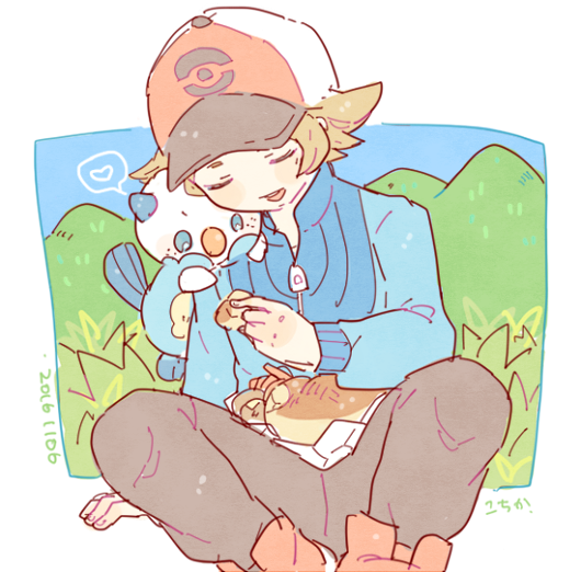 1boy 2016 baseball_cap black_pants blue_jacket closed_eyes creatures_(company) dated food game_freak gen_5_pokemon grass hat heart hilbert_(pokemon) holding holding_food jacket katiko light_brown_hair long_sleeves nintendo no_nose on_shoulder open_mouth oshawott pants pokemon pokemon_(creature) pokemon_bw pokemon_on_shoulder short_hair sitting smile spoken_heart teeth twitter_username zipper_pull_tab