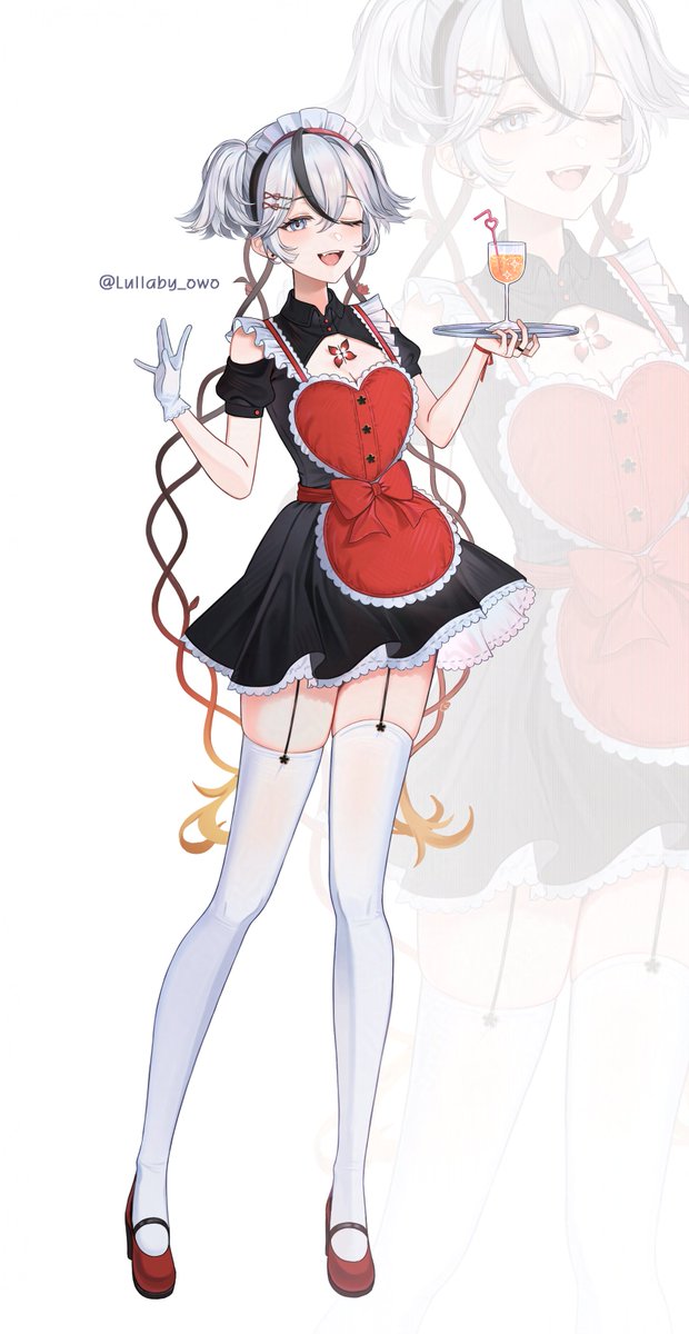 1girl :d alternate_costume apron artist_name black_dress black_eyes breasts camellya_(wuthering_waves) cleavage cleavage_cutout clothing_cutout collared_dress crazy_straw cup dress drinking_glass drinking_straw enmaided gloves hair_between_eyes hair_vines hand_up heart_straw highres holding holding_tray looking_at_viewer lullaby_owo maid maid_headdress meme no_lady_on_twitter_can_recreate_this_(meme) one_eye_closed open_mouth red_apron red_pupils short_hair simple_background small_breasts smile solo tacet_mark_(wuthering_waves) thighhighs thighs tray white_background white_gloves white_hair white_thighhighs wuthering_waves zettai_ryouiki zoom_layer