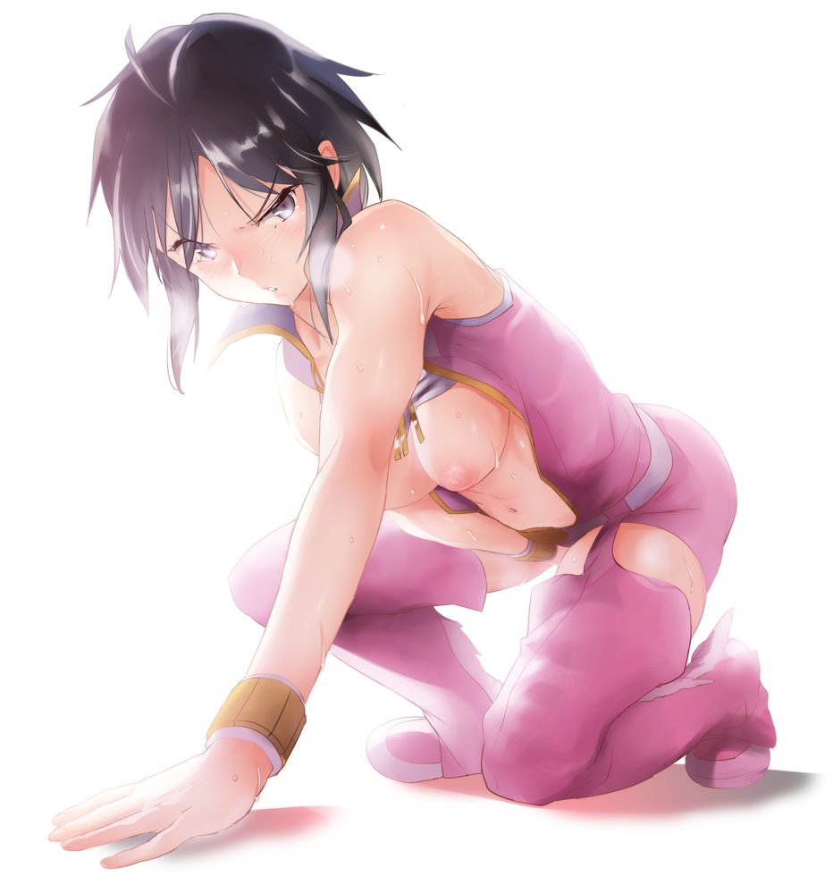 1girl black_hair boots breasts breasts_out idolmaster idolmaster_(classic) kikuchi_makoto kneeling luxury_(idolmaster) medium_breasts nipples open_clothes open_shirt pink_diamond_765_(idolmaster) shino_(comic_penguin_club) shirt short_hair solo sweat thigh_boots thighhighs underwear