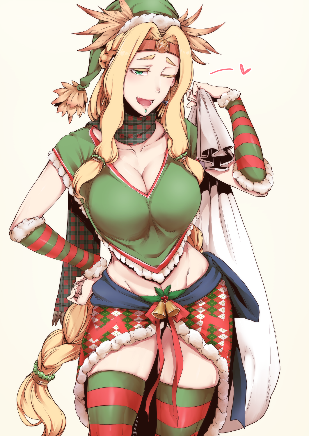 1girl ;d bell blonde_hair braid breasts christmas cleavage collarbone colored_eyelashes earrings fate/grand_order fate_(series) female_focus hand_on_own_hip hat heart highres jewelry large_breasts long_hair looking_at_viewer midriff nakamura_regura one_eye_closed open_mouth quetzalcoatl_(fate) sack scarf simple_background smile solo standing striped_clothes striped_thighhighs thighhighs very_long_hair white_background