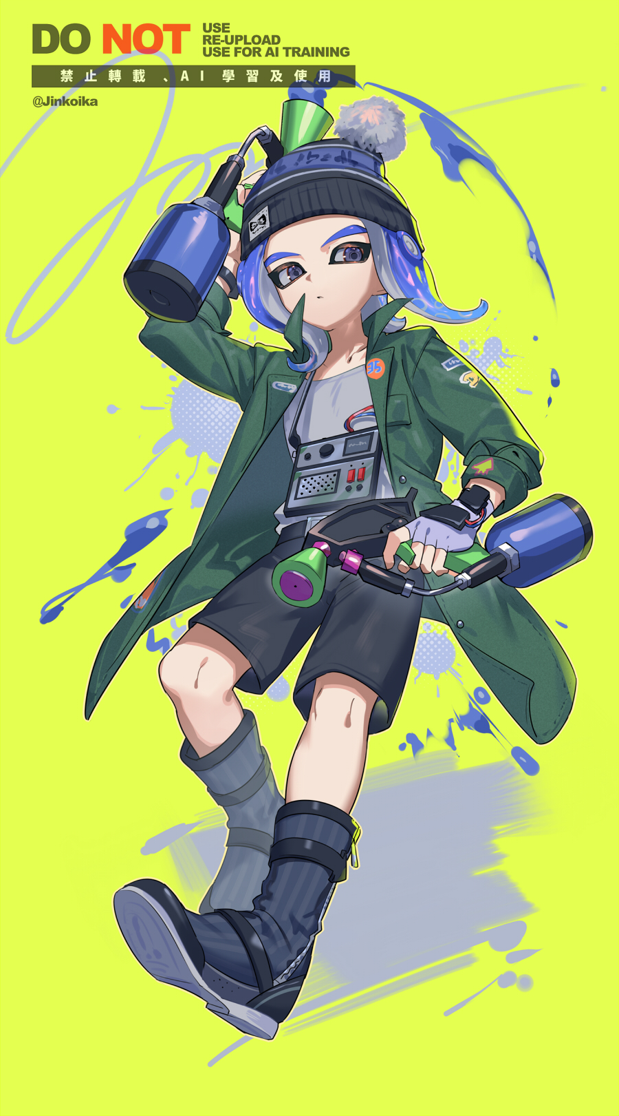 1boy beanie belt belt_buckle black_belt black_hat black_shorts blue_boots boots buckle commentary dual_wielding fingerless_gloves full_body gloves green_background green_jacket grey_gloves grey_shirt hat highres holding holding_weapon jacket jinkoika long_sleeves male_focus medium_hair nintendo octoling octoling_boy octoling_player_character open_clothes open_jacket parted_bangs parted_lips pom_pom_(clothes) pom_pom_beanie purple_eyes purple_hair shirt shorts solo splat_dualies_(splatoon) splatoon_(series) standing symbol-only_commentary tentacle_hair thick_eyebrows watermark weapon
