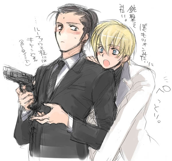 2boys alternate_hairstyle bad_id bindi black_hair black_suit blonde_hair blue_eyes blush coat collared_shirt commentary_request cropped_torso dated_commentary final_fantasy final_fantasy_vii final_fantasy_vii_advent_children formal_clothes gun hand_on_another&#039;s_shoulder handgun hands_up holding holding_gun holding_weapon jacket leaning_forward leaning_on_person looking_back male_focus multiple_boys open_mouth ponytail rufus_shinra shirt suit suit_jacket sweatdrop toujou_sakana translation_request tseng turks_(ff7) upper_body weapon white_background white_coat white_shirt wing_collar yaoi
