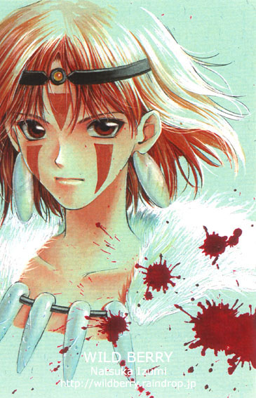 1girl artist_name bad_id blue_background cape circlet commentary_request disk_earrings earrings expressionless facial_mark forehead_jewel fur_cape izumi_natsuka jewelry looking_at_viewer medium_hair mononoke_hime red_eyes red_hair san_(mononoke_hime) solo traditional_media triangle triangle_facial_mark upper_body white_fur