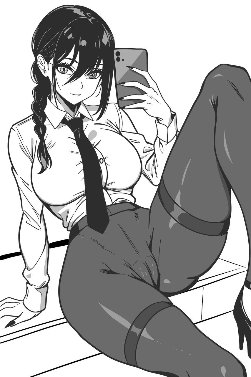 1girl aged_up arm_support braid breasts cameltoe cellphone chainsaw_man collared_shirt greyscale highres holding holding_phone large_breasts leggings long_hair long_sleeves monochrome mordredpenx nayuta_(chainsaw_man) necktie pantyhose phone ringed_eyes selfie shirt single_braid smartphone solo thighband thighband_pantyhose
