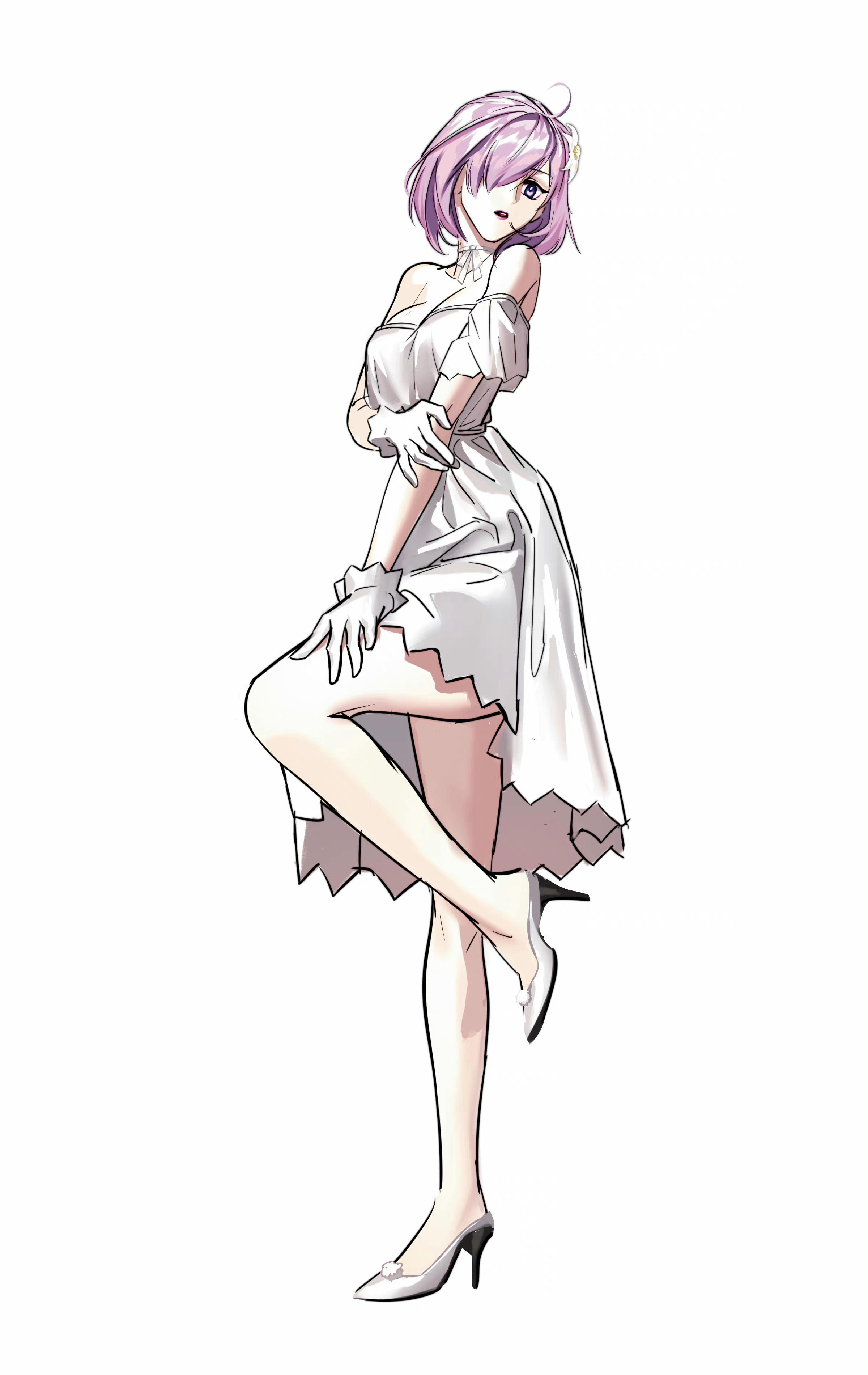 1girl absurdres bare_shoulders breasts chinese_commentary choker cleavage commentary_request dress fate/grand_order fate_(series) flower full_body gloves hair_flower hair_ornament hair_over_one_eye high_heels highres mash_kyrielight mash_kyrielight_(formal_dress) medium_breasts medium_dress pink_eyes pink_hair red_lips shinkaifuyuki simple_background solo standing standing_on_one_leg strapless strapless_dress white_background white_choker white_footwear white_gloves