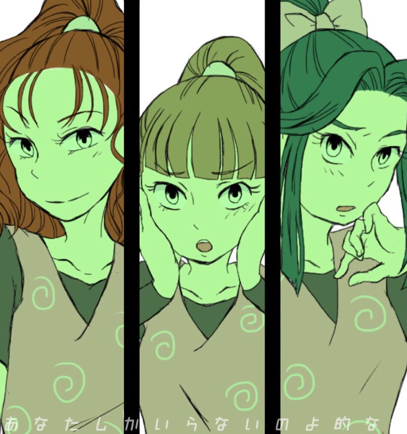 3girls akko_(nintama) green_shading japanese_clothes kimono ninja kunotama mika_(kunotama) mikana_(nintama) multiple_girls naomi_(kunotama) pink_kimono team