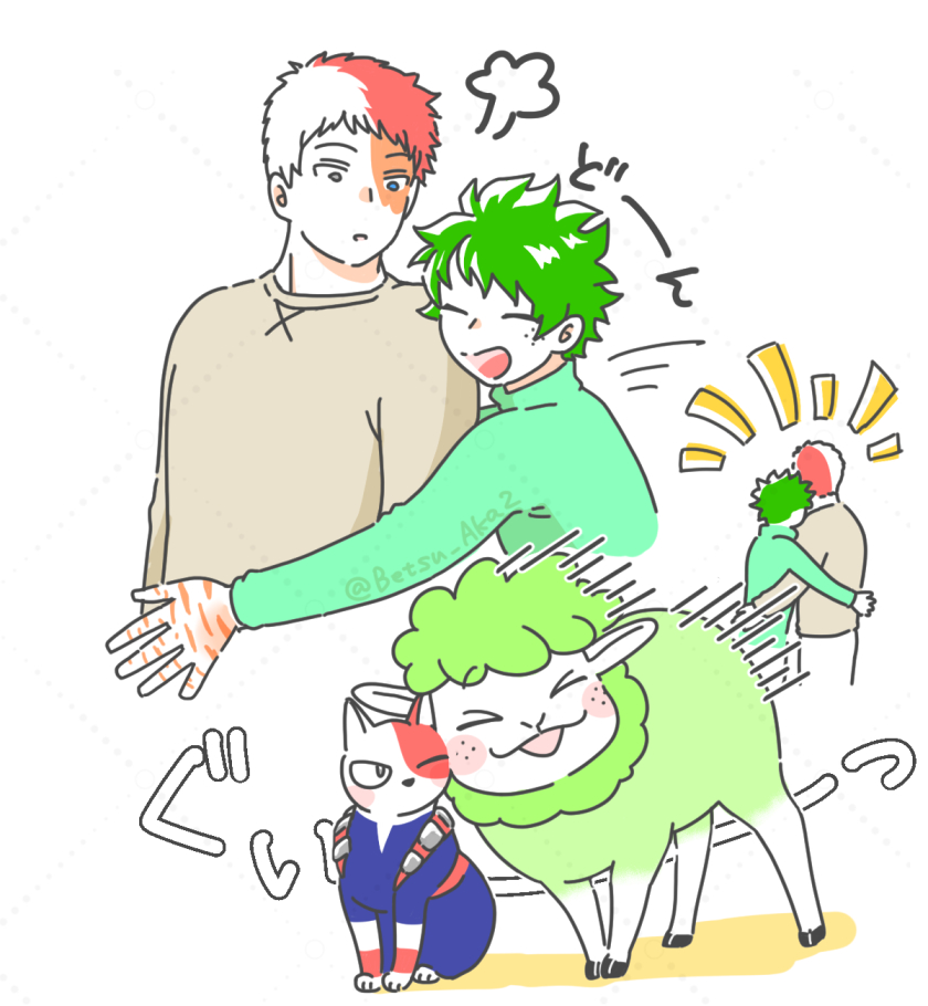 2boys betsu_aka2 bones_(company) cat dekusheep freckles green_hair green_wool hug midoriya_izuku multicolored_hair multiple_boys red_fur red_hair scar sheep shounen_jump shoutocat smile tododeku todoroki_shouto two-tone_hair white_fur white_hair wool yaoi