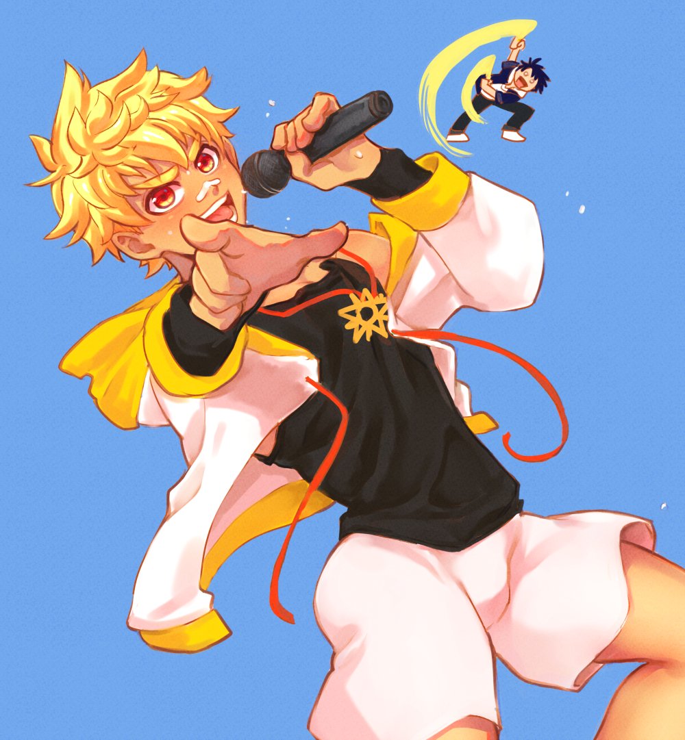2boys ace_anderson bandaid bandaid_on_face bandaid_on_nose black_shirt blonde_hair blue_background cseighteen dutch_angle feet_out_of_frame hood hoodie jock_studio_(blits_games) leo_mendez_(jock_studio) long_sleeves looking_at_viewer microphone multicolored_hoodie multiple_boys open_mouth orange_eyes pointing pointing_at_viewer shirt shorts simple_background sun_print teeth tongue white_hoodie white_shorts yellow_hoodie
