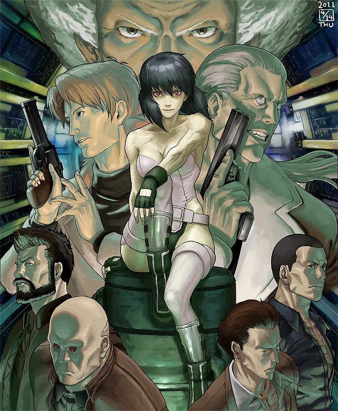 1girl 6+boys aramaki aramaki_daisuke bald batou_(gits) black_hair boma_(gits) cyberpunk cyborg fingerless_gloves ghost_in_the_shell ghost_in_the_shell:_stand_alone_complex gloves gun handgun ikeda_(cpt) ishikawa_(gits) kusanagi_motoko low_bore_axis_revolver manly mateba_2008m md5_mismatch multiple_boys muscular paz_(gits) red_eyes revolver saito saitou_(gits) science_fiction thighhighs togusa_(gits) trigger_discipline weapon white_hair