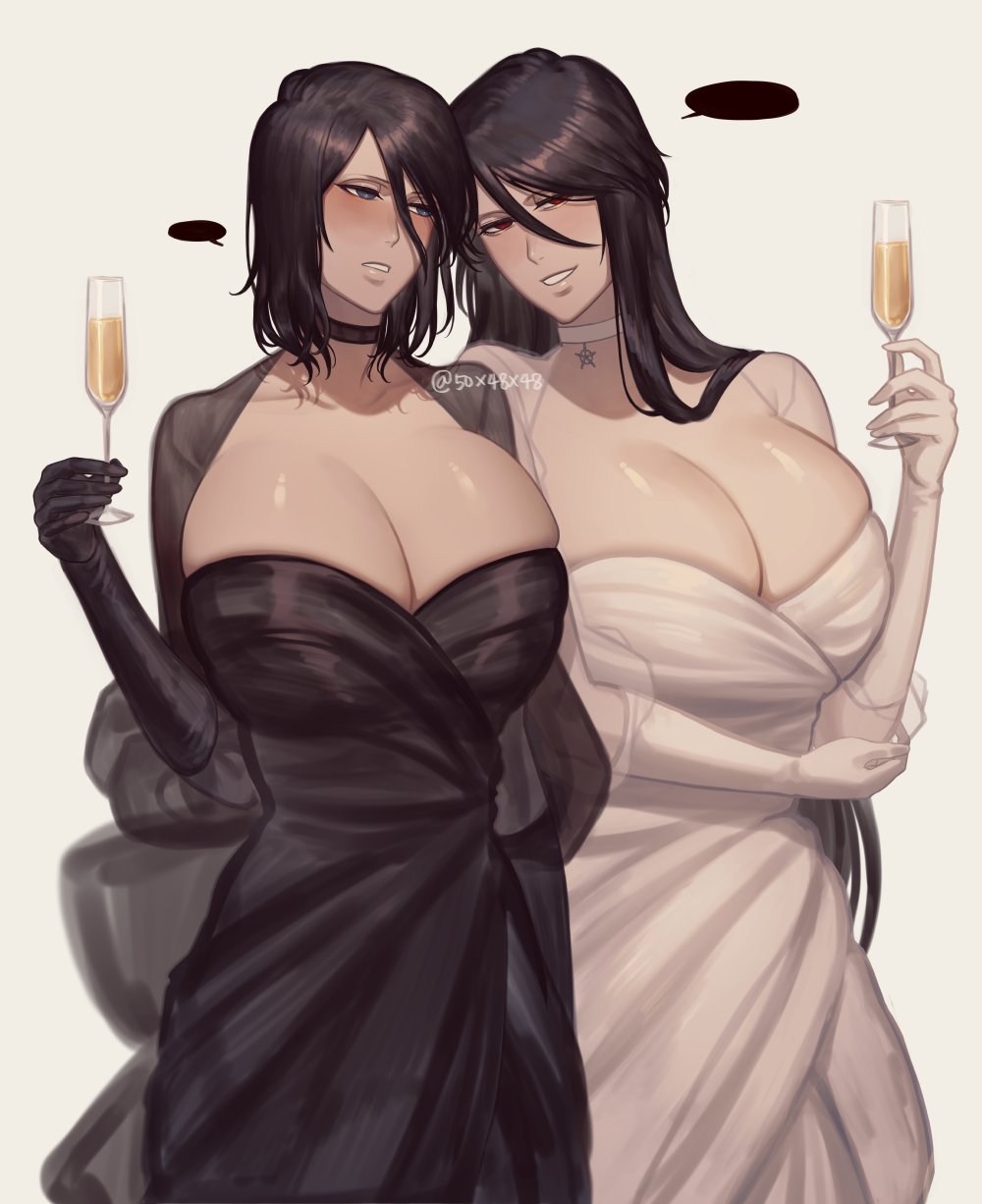 2girls 50x48x48 alcohol black_dress black_hair bleach bleach:_sennen_kessen-hen blue_eyes breasts champagne dress genderswap genderswap_(mtf) gloves hair_between_eyes highres holding huge_breasts large_breasts long_hair long_sleeves looking_at_viewer mature_female multiple_girls puffy_sleeves quincy_(bleach) red_eyes short_hair simple_background smile tensa_zangetsu_(bankai) twitter_username wandenreich white_dress yhwach zangetsu_(bleach)