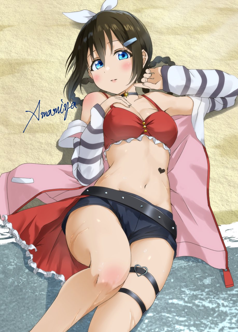 1girl amamiya_(re-amamiya) artist_name beach belt bikini blue_eyes blush braid braided_hair_rings breasts brown_hair cleavage commentary_request hair_ornament hair_ribbon hair_rings hairclip heart heart_tattoo highres jacket looking_at_viewer love_live! love_live!_nijigasaki_high_school_idol_club love_live!_nijigasaki_high_school_idol_club_the_movie_-_finale lying medium_breasts navel official_alternate_costume on_back osaka_shizuku pink_jacket red_bikini ribbon rise_up_high!_(love_live!) shorts signature solo swimsuit tattoo thigh_strap water wet