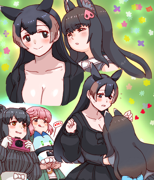 4girls :p animal_ears black_dress black_hair black_sweater blue_bow blush bow brown_eyes brown_hair camera collar collared_peccary_(kemono_friends) dress extra_ears glowing glowing_eyes green_jacket hair_bow heart height_difference hug jacket kemono_friends kusamogura long_hair long_sleeves lucky_beast_(kemono_friends) malayan_tapir_(kemono_friends) mountain_tapir_(kemono_friends) multiple_girls nana_(kemono_friends) open_clothes open_jacket pink_hair short_hair sidelocks smile stopwatch sweater tail tapir_ears tapir_girl tapir_tail tongue tongue_out watch white_collar