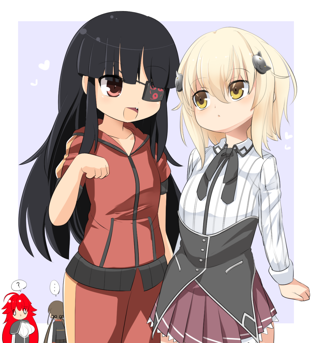 ... 4girls :d ? ahoge black_bow black_bowtie black_corset black_hair blonde_hair blunt_bangs blush bow bowtie breasts brown_eyes brown_hair cat_hair_ornament commentary_request corset cowboy_shot crossover expressionless eyepatch fang hair_between_eyes hair_ornament high_school_dxd hime_cut jacket lets0020 long_bangs long_hair long_sleeves looking_at_another looking_to_the_side low_twintails medium_hair mirai_(senran_kagura) multiple_girls o_o open_mouth pants pleated_skirt purple_background red_hair red_jacket rias_gremory ryoubi_(senran_kagura) senran_kagura senran_kagura_new_link shirt short_sleeves skirt small_breasts smile spoken_ellipsis spoken_question_mark toujou_koneko track_jacket track_pants track_suit twintails white_shirt yellow_eyes